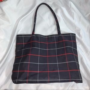 B)  BURBERRY blue treated canvas window pane PLAID tote